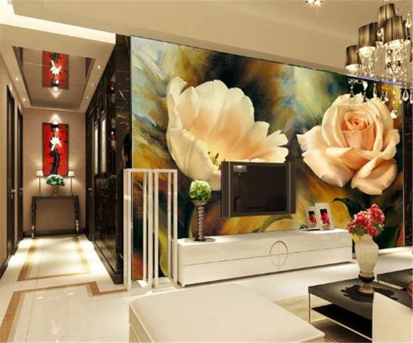 

2019 new living room oil painting rose tv background wall picture home decor living room wall covering 3d wallpaper