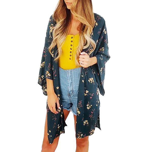 

2019 women cardigan printed bikini cover up chiffon summer shawl beach dress kaftan beachwear pareos swimsuit capes mujer sandy, Blue;gray