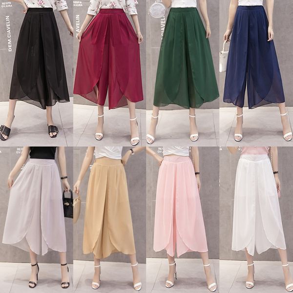 

2020 loose women's slim ankle-length chiffon skirt high wide leg chiffon skirt wide leg waist casual pants thin pants, Blue