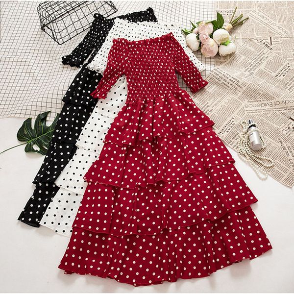 

summer sweet pleated slash neck dot dresses elegant off the shoulder a-line party dress women ruffles short sleeve vestidos m629, Black;gray