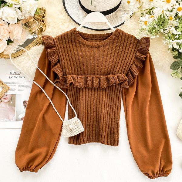 

2019 autumn winter new female o-neck ruffles knit stitching chiffon shirt women's solid color short blouse women shirts, White
