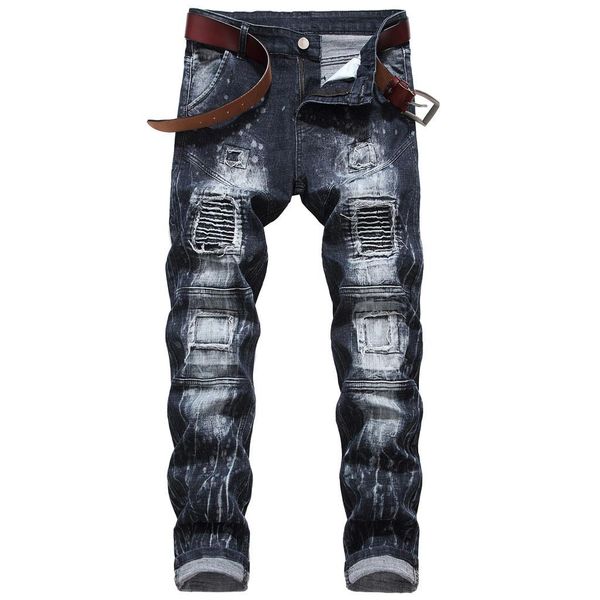 

mens new fashion elastic slim fit jeans motorcycle style patchwork denim pants trousers ripped jeans male stretch pants, Blue