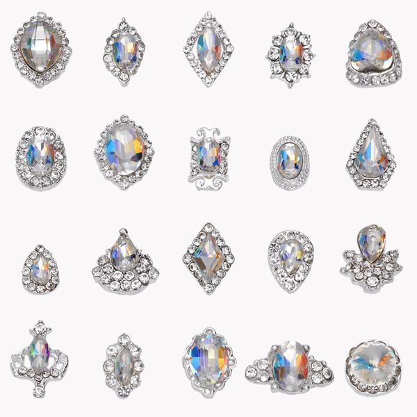

100pcs/lot k9 glass crystal flame ab rhinestones gems alloy 3d diamond stone decoration glitter manicure accessories nail charm, Silver;gold