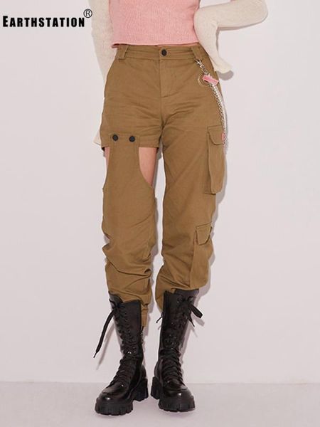 

design sense hollow beam feet overalls women's summer new high waist wild multi-pocket personality trousers, Black;white