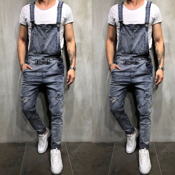 

fashion men's hole pocket button washed denim suspenders pants overall casual jumpsuit jeans wash broken trousers jeans 5.29, Blue