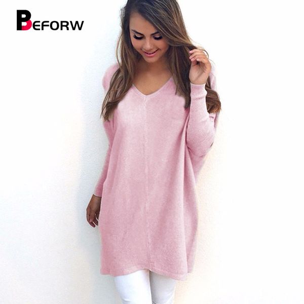 

beforw female loose casual sweater 2018 autumn winter pullovers fashion solid sweaters v neck knitted long women sweater, White;black