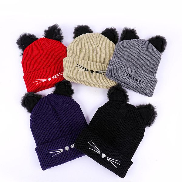 

female autumn winter soft warm knitted cap casual women winter fashion keep warm cat ear hats knitted wool hemming hat, Blue;gray