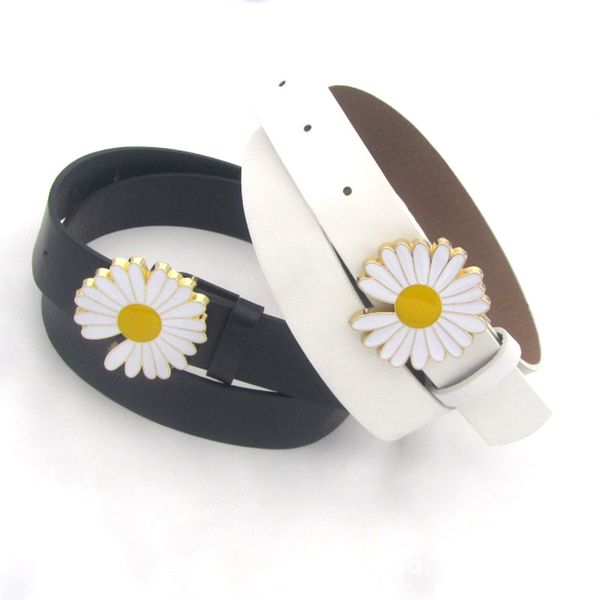 

designer brand flowers smooth buckle leather belt for women's chrysanthemum buckle black waistband, Black;brown