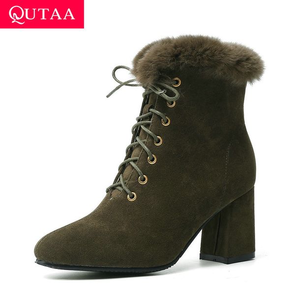 

qutaa 2020 scrub comfort warm fur autumn winter women shoes square high heel round toe lace up casual ankle boots size 34-43, Black