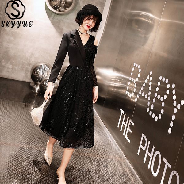 

skyyue prom dress v-neck sequined a-line dresses women party night long sleeve elegant -length vestidos de gala e485, White;black
