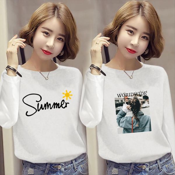 

16 mixed season t- women's long sleeve loose women's t-shirt round neck base shirt, White