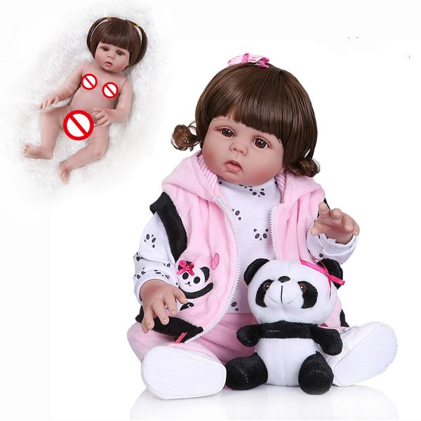 

new curly hair 49cm bebe doll reborn toddler girl doll baby girl in panda dress full body soft silicone realistic baby bath toy