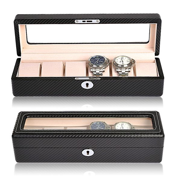 

6/12 girds leather/carbon fiber luxury watch box jewelry storage box window organizer for rings bracelet display holder case, Black;blue