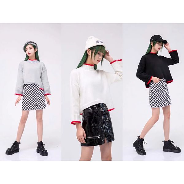 

women winter pullover female notched collar warm autumn sweater irregular design red edge solid jumper cothes pull femme, White;black