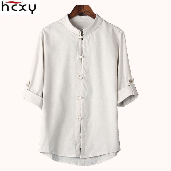 

Hcxy Chinese Style Linen Shirt Mens Blouse New Big Yards 7 Points Sleeve Cotton Shirt M -5xl Famous Brand Men Shirts 2017