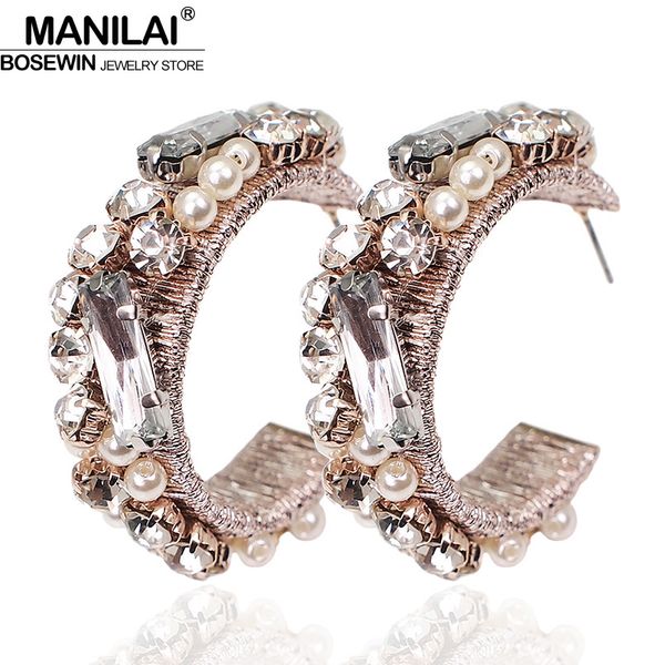 

manilai luxury charm stud earrings women handmade statement earrings rhinestones imitation pearl earring wedding jewelry gift, Golden;silver