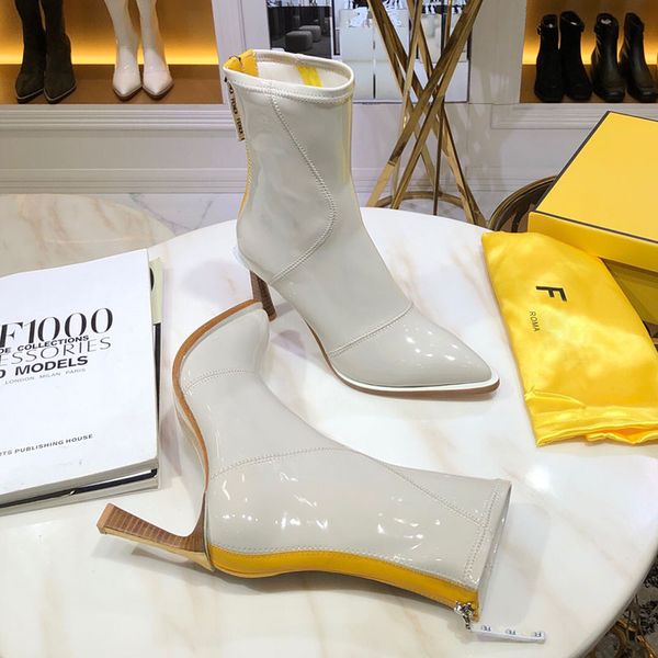 

fashion luxury designer boots for women new with thin heel 8.5 cm patent leather knight boots ladies winter boots black white shoes with box