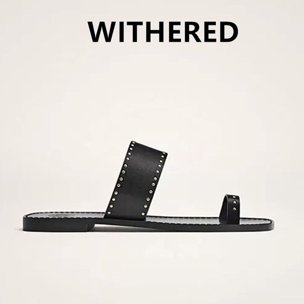 

withered 2020 summer slides shoes women england simple leather rivet handmade cowhide flat flip flops slippers women shoes woman, Black