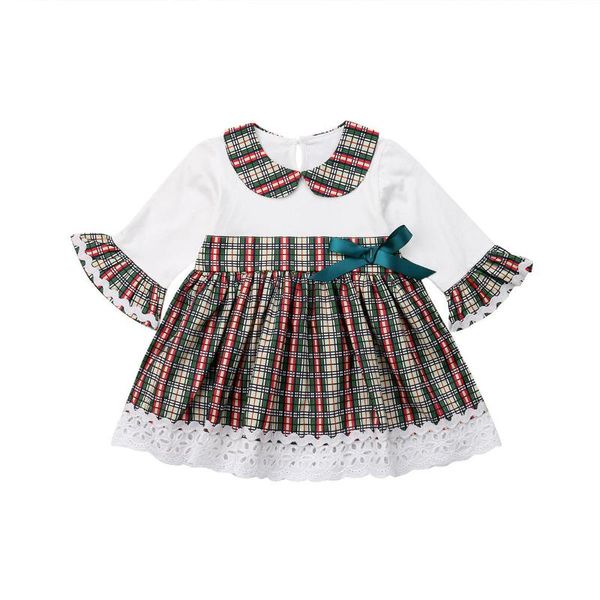 

princess cute infant baby girl autumn party dress ruffles lace plaid flare sleeve peter pan collar knee-length a-line dress, Red;yellow