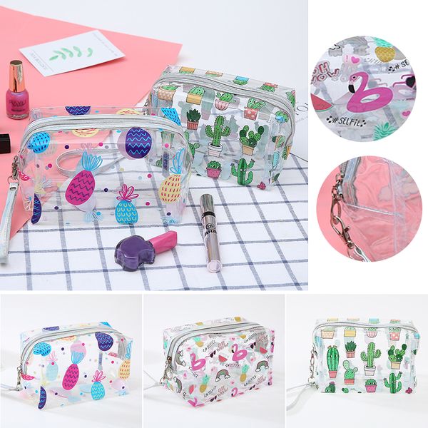 

1pc portable travel cosmetics bag toiletry makeup storage bag cactus flamingo pineapple waterproof transparent compliant bags