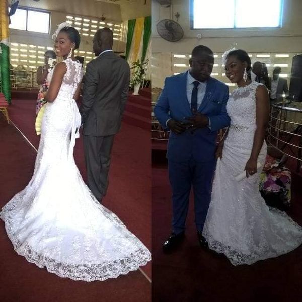

2020 new arrival african lace vintage mermaid wedding dresses crystal plus size wedding gowns bling long train robes de mariÃ©e, White