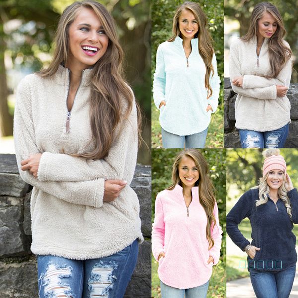 

women winter fall hoodie soft fleece sweatshirt sherpa pullovers v-neck zipper sweaters warm oversized hoodies long sleeve 4color c92701, White