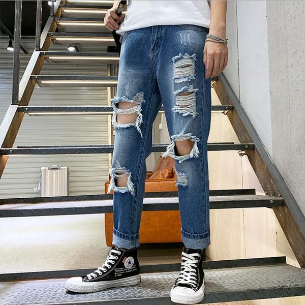 

men light blue denim jeans holes jean pants new fashion men loose harem pants ankle length summer denim jeans