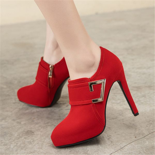 

women spring boots high heel ankle boots zip platform shoes pointed toe ladies velvet 2020 red black 33-43