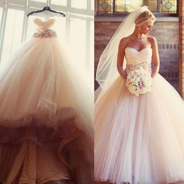 

Charming Blush Pink Wedding Dresses 2018 Tulle Beaded Sash Flower Cheap A Line Sweetheart Sleeveless Country Bridal Dresses