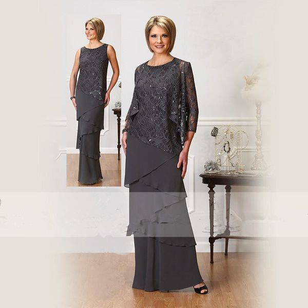 

gray long sleeve mother of the groom dresses 2019 ankle length vintage lace chiffon tiers with jacket mother of bride party gowns, Black;red