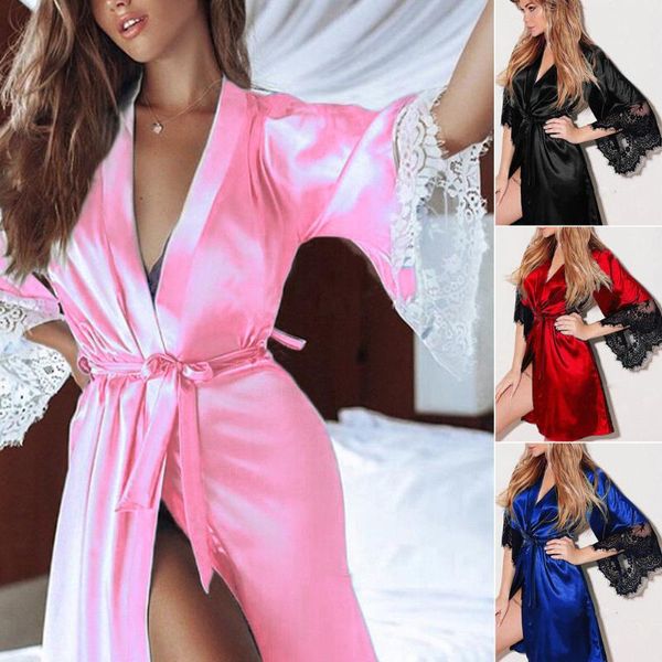 

women robe silk satin robes wedding bridesmaid bride gown kimono solid robe, Black;red