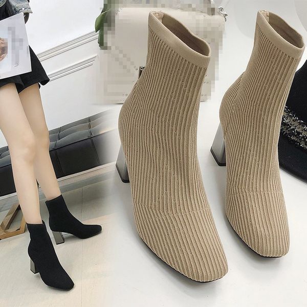 

autumn winter add cotton boots fashion elastic knitted mid calf sock pumps boots shoes women square toe high metal heel, Black