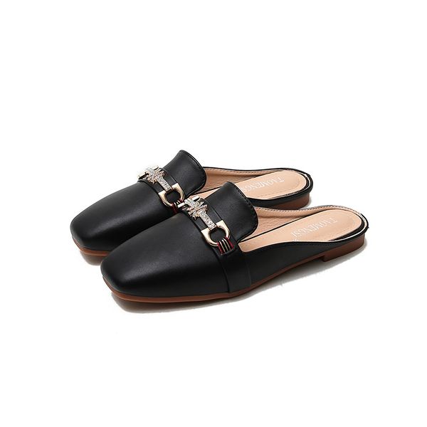 

2020 new flats mules women square toe slippers metal decoration shallow shoes flat mule soft comfortable loafers sandalias mujer, Black