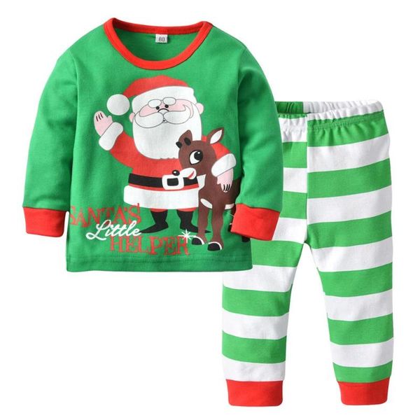 

new design girl clothes set christmas santa print green white striped boutique clothes girl pajamas