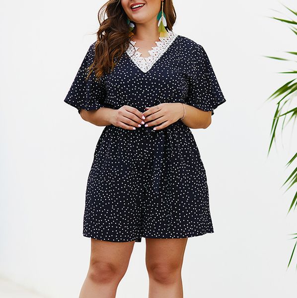 

dot ptinting summer loose plus size playsuit for women boho o-neck lace holiday sleeveless playsuits beach mini jumpsuit 9.30, Black;white