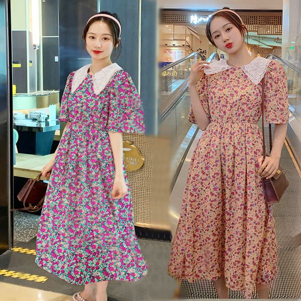 

6105#maternity dress summer chiffon nursing floral high waist short sleeve loose stylish dress for pregnant women mom, White