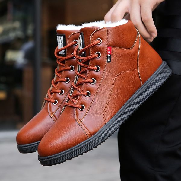 

men's boots winter men's fashion plus velvet warm snow boots retro lace-up boots men's casual shoes, Black