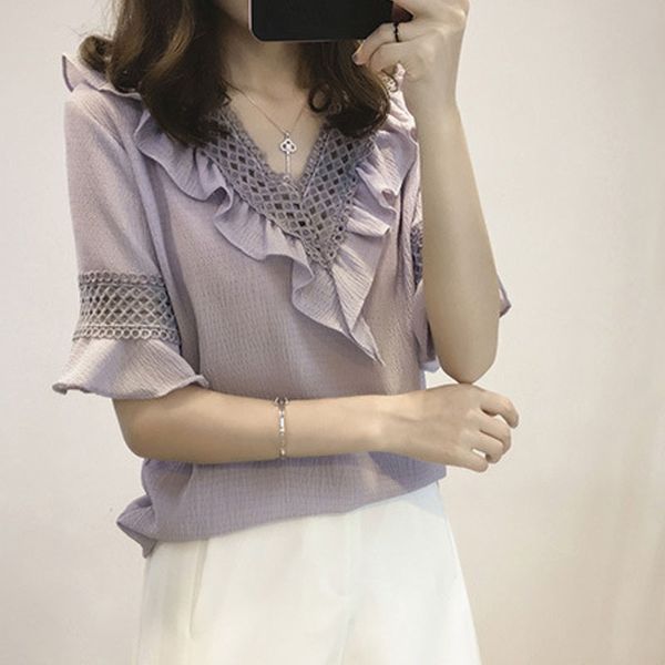 

women ruffles sleeved chiffon blouse fashion v neck slim female shirts rk, White