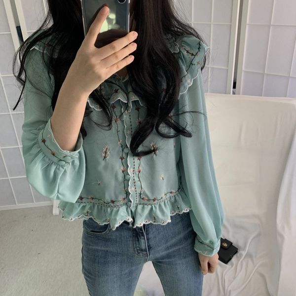 

ewq] embroidered flowers stitching ruched ruffles women blouse 2020 autumn new korean long-sleeved chiffon green shirt qk55806, White