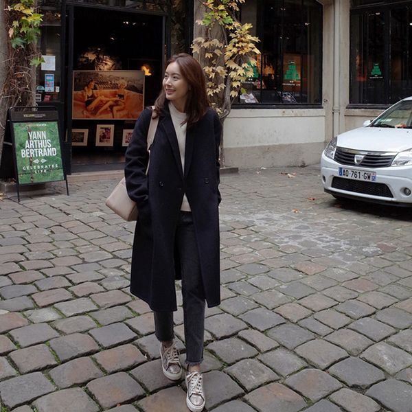 

2018 autumn winter long woolen blend coat women thicken cashmere windbreaker korean style wide-waisted outwear coats, Black