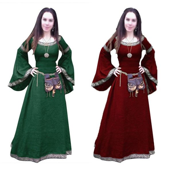 

women floor-length dresses classical medieval european party long-sleeved round collar lady dress autumn and spring, Black;gray