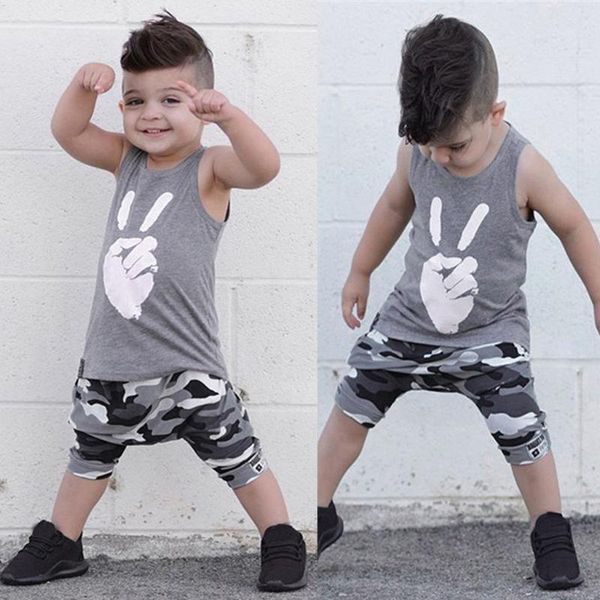 

children clothing set toddler kids baby boys summer fashion victory t shirt vest camouflage shorts outfits set m140#, White