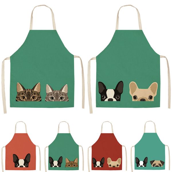 

1pcs cute cartoon dog cat printed cotton linen kitchen aprons home cooking baking coffee shop cleaning accessory 53*65cm ma0001