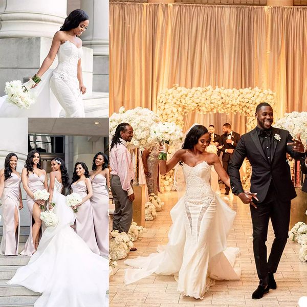 

african mermaid wedding dresses with detachable train plus size vestidos de novia sweetheart lace bridal gowns robes de mariÃ©e, White