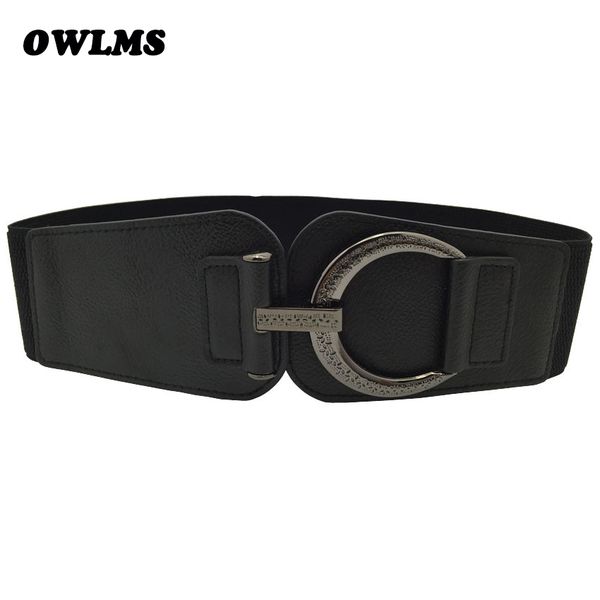 

cummerbunds punk carved circle buckle woman belts wide elastic coat cummerbund dress belt for women ceinture femme de marque, Black;brown