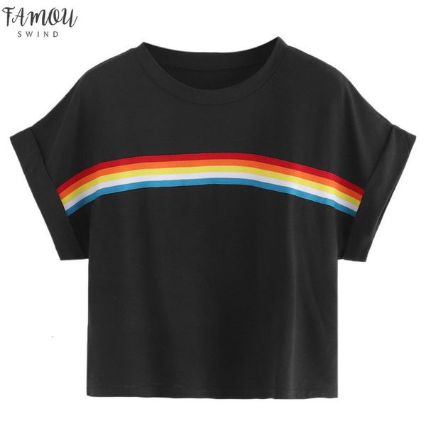 

crop harajuku t shirt women women rainbow print tshirt aesthetic fashion autumn women clothes 2020, White