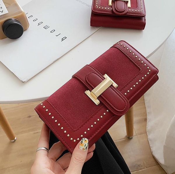 

women handbag new rivet punk long wallet vintage leather matte women wallet folding multi-card personalized rivet leather clutch bag, Red;black