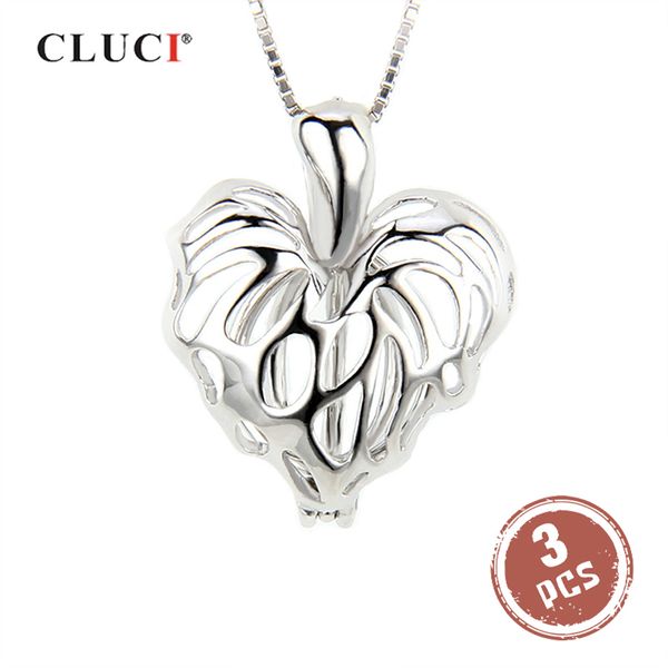 

cluci 3pcs maple leaves heart silver 925 pendant for women necklace jewelry 925 sterling silver pearl locket cage pendant
