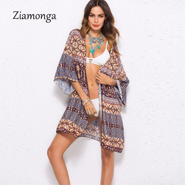 

ziamonga women print loose shawl cardigan cover up blouse beach dress women print robe de plage summer beach cover up, White