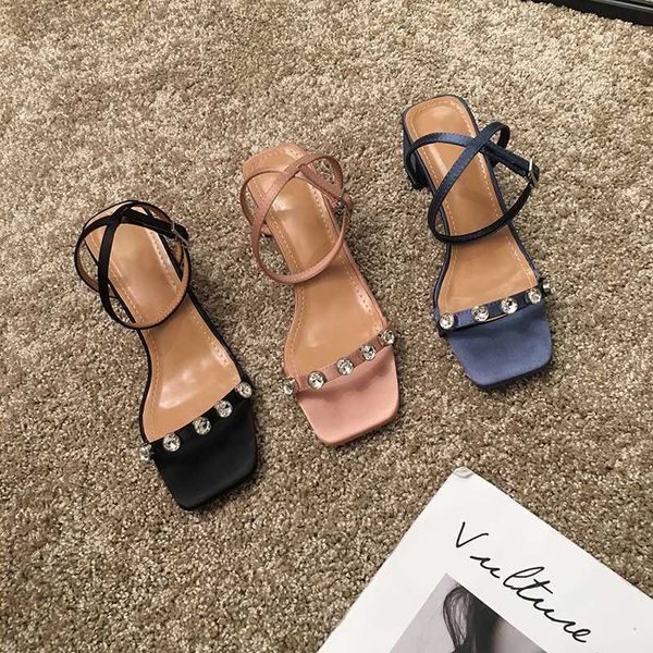 

low price fairy style sandals women 2020 new korean wild thick with rhinestone word buckle high heel tide, Black